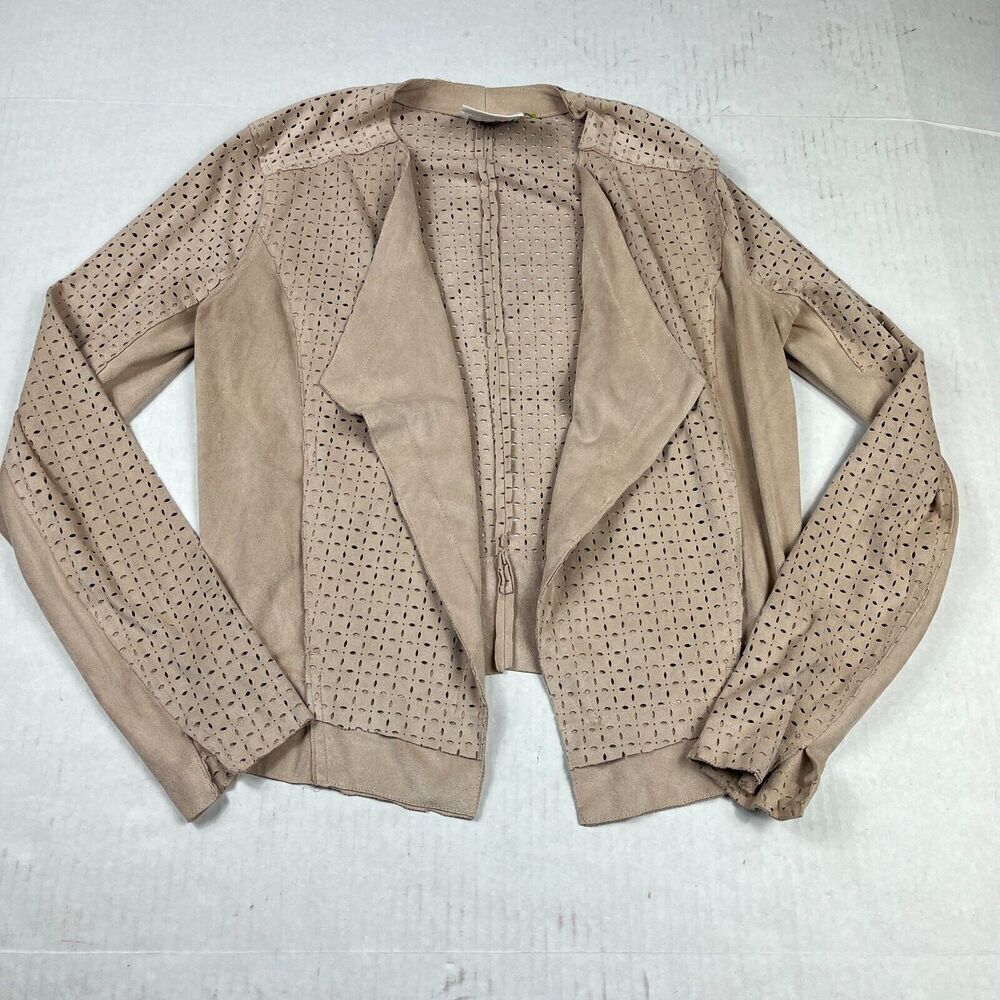 Lysse Womens Faux Suede Moto Jacket Beige Casual Chic Long Sleeve Open Front XS
